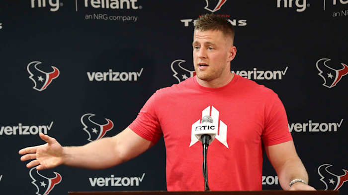 JJ Watt speaks to the media during Houston Texans' minicamp